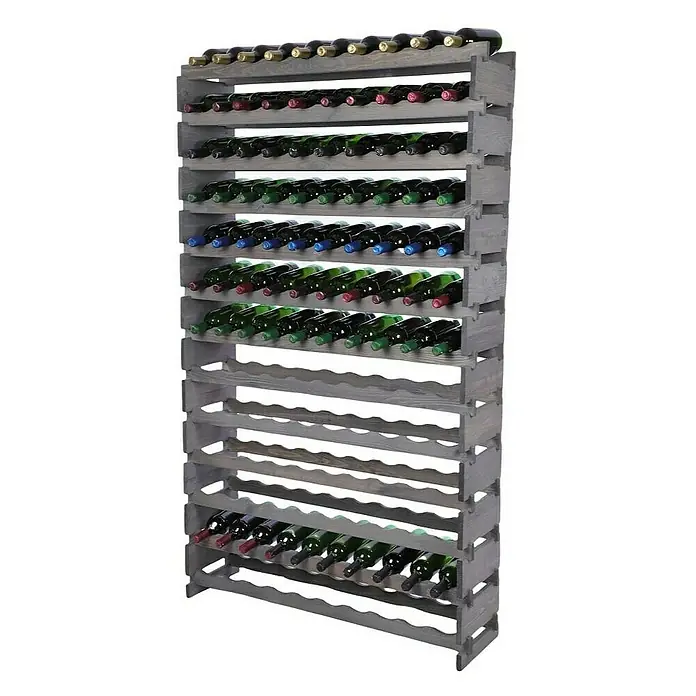 Proregal Flaschenregal Weinregal VINOTECA FLEX PRO für 130 Flaschen - L x B x H: 28 x 103 x 177 cm, Holz - Ein graues Holzweinregal mit mehreren Reihen gefüllt mit verschiedenen Weinflaschen, perfekt für die stilvolle Weinlagerung.