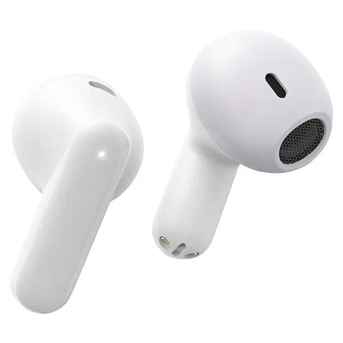 Hama In Ear Kopfhörer Freedom Light II - Weiß - Nahaufnahme von zwei weißen kabellosen Ohrhörern, die elegantes Design und moderne Technologie vereinen.
