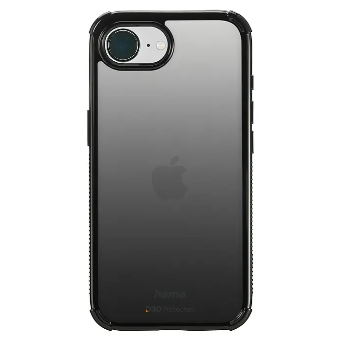 Hama Handyhülle Extreme Protect - iPhone 16E, Schwarz - Schwarze Hama Handyhülle für das Smartphone, die optimalen Schutz bietet und das Apple-Logo auf der Rückseite erkennen lässt.