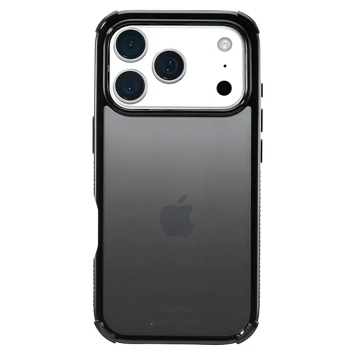 Hama Handyhülle Extreme Protect - iPhone 17 Pro, Schwarz - Schwarze Handyhülle für ein iPhone mit transparenter Rückseite, die das Apple-Logo zeigt, und robustem Rahmendesign.
