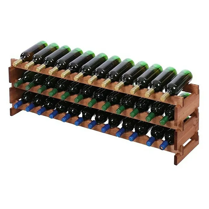 Proregal Flaschenregal Weinregal VINOTECA FLEX PRO für 36 Flaschen - L x B x H: 28 x 123 x 37 cm, Holz, Anzahl Böden: 3 Stk. - Weinflaschenregal aus Holz mit vier Ebenen und vielen Weinflaschen. Es ist mit Rotwein gefüllt und die Flaschen haben verschiedene Kapseln.
