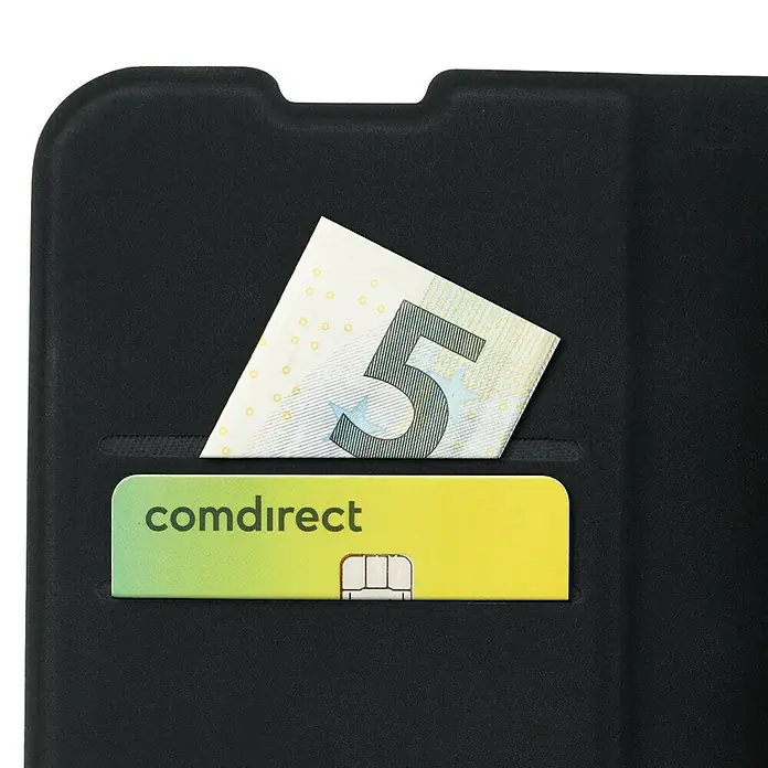 Hama Handyhülle klappbar - iPhone 16 Pro, Schwarz - Geldbörse mit Comdirect-Karte und einem Fünf-Euro-Schein.