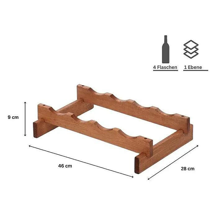 Proregal Flaschenregal Weinregal VINOTECA FLEX PRO für 4 Flaschen - L x B x H: 28 x 46 x 9 cm, Holz, Anzahl Böden: 1 Stk. - Holz-Weinregal für 4 Flaschen, Abmessungen: 46 cm Länge, 28 cm Breite und 9 cm Höhe, ideal für die stilvolle Weinlagerung.