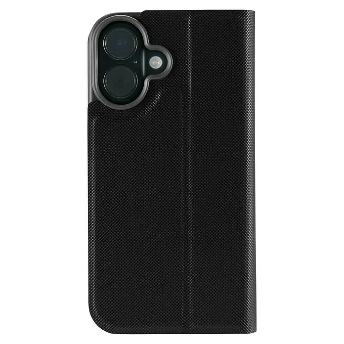Hama Handyhülle klappbar - iPhone 16, Schwarz - Nahaufnahme einer schwarzen Handyhülle mit Textur und Aussparungen für die Dual-Kamera und den Blitz, die das elegante Design betont.