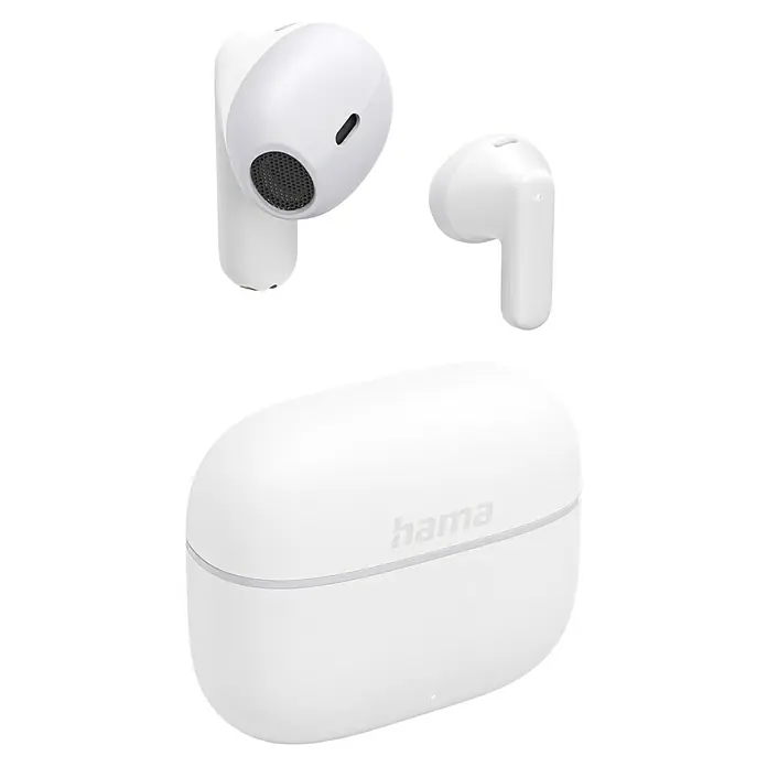 Hama In Ear Kopfhörer Freedom Light II - Weiß - Abbildung von weißen Hama Bluetooth-Kopfhörern und Ladeetui. Die kabellosen Kopfhörer bieten ein schlankes Design und kristallklaren Klang.