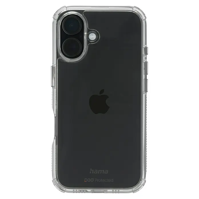 Hama Handyhülle Extreme Protect - iPhone 16, Durchsichtig - Transparente Hama Schutzhülle für ein iPhone, die das Apple-Logo zeigt und mit D3O-Schutz für erhöhte Stoßfestigkeit ausgestattet ist.