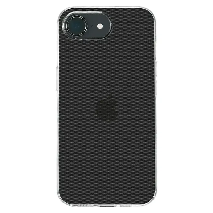 Hama Handyhülle Always Clear - iPhone 16E, Durchsichtig - Nahaufnahme eines schwarzen iPhones mit einer transparenten Hülle, die das Apple-Logo zeigt und optimalen Schutz bietet.