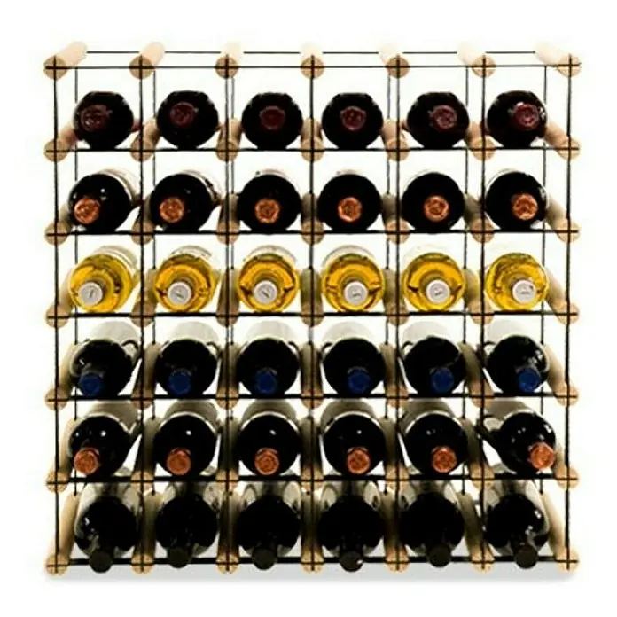Proregal Flaschenregal Modulares Weinregal VINOTECA MOD METAL für 6x5 Flaschen - L x B x H: 24,5 x 62,5 x 52,5 cm, Holz - Weinregal mit gefüllten Flaschen. Das Regal hat 6 Reihen und 6 Spalten.