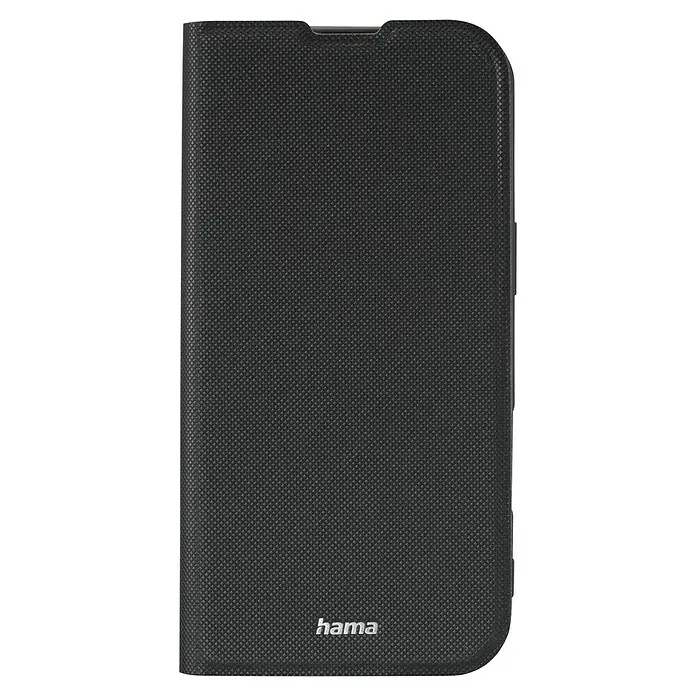 Hama Handyhülle klappbar - iPhone Air, Schwarz - Abbildung einer schwarzen Hama Smartphone-Schutzhülle in Bookstyle-Optik mit dezenter Textur und dem Hama-Logo auf der Vorderseite.