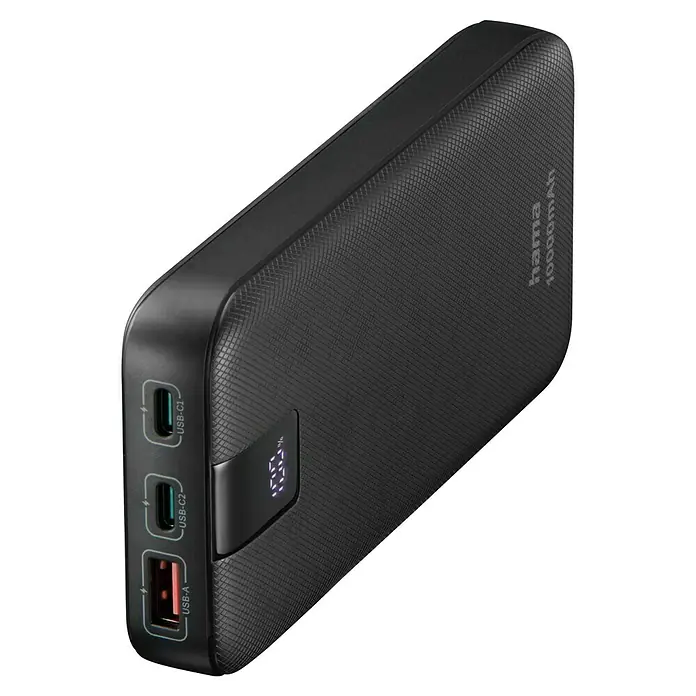 Hama Powerbank PD 10 2 x USB-C, 1 x USB-A - 10 Ah, Schwarz, 4,5 h - Schwarze Hama Powerbank mit USB-Anschlüssen und Digitalanzeige des Ladezustands für mobile Geräte.