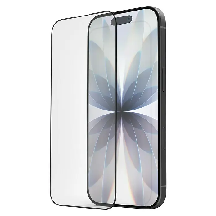 Hama Handy-Schutzglas Extreme Protect - iPhone 17 - Nahaufnahme eines schwarzen Smartphones mit Displayschutzfolie, die einen klaren Blick auf das Display ermöglicht.