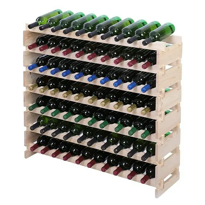 Proregal Flaschenregal Weinregal VINOTECA FLEX PRO für 70 Flaschen - L x B x H: 28 x 103 x 93 cm, Holz - Weinregal aus hellem Holz mit mehreren Reihen gefüllt mit Weinflaschen unterschiedlicher Sorten und Farben.
