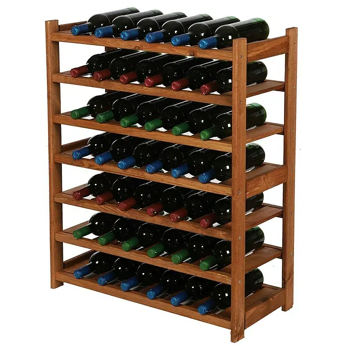 Proregal Flaschenregal Weinregal SPREEWALD für 42 Flaschen - L x B x H: 33 x 70 x 86 cm, Holz, Anzahl Böden: 7 Stk. - Ein Holzweinregal mit mehreren Regalen, gefüllt mit einer Sammlung von Weinflaschen in verschiedenen Farben.
