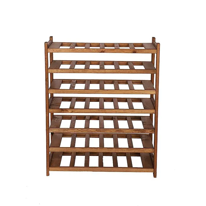 Proregal Flaschenregal Weinregal SPREEWALD für 42 Flaschen - L x B x H: 33 x 70 x 86 cm, Holz, Anzahl Böden: 7 Stk. - Das Bild zeigt ein Weinregal aus dunklem Holz mit sechs Ablageflächen und einem Gitterdesign für die Flaschenlagerung. Ideal für Weinliebhaber.
