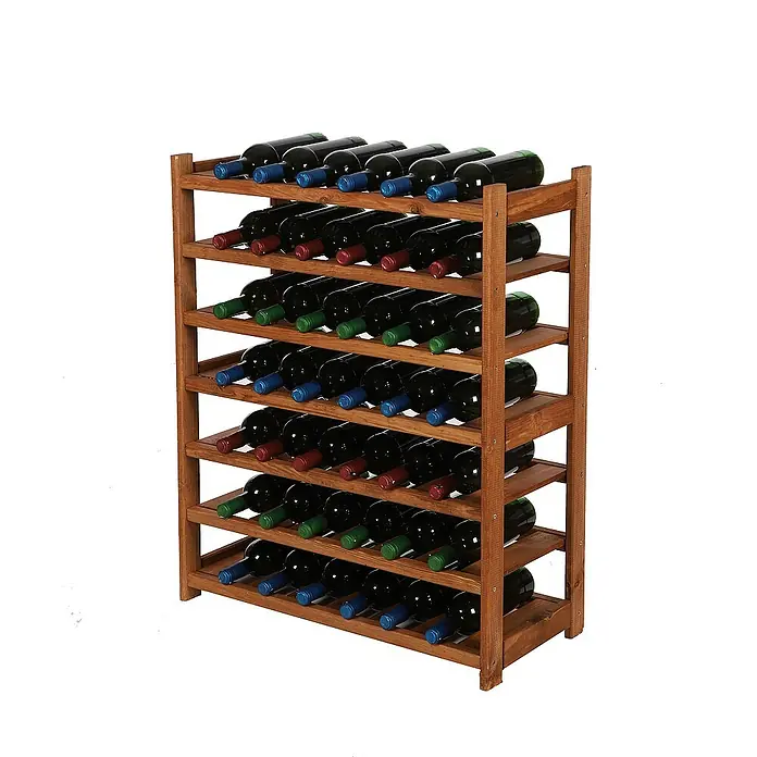 Proregal Flaschenregal Weinregal SPREEWALD für 42 Flaschen - L x B x H: 33 x 70 x 86 cm, Holz, Anzahl Böden: 7 Stk. - Ein rustikales Weinregal aus Holz, gefüllt mit Weinflaschen verschiedener Sorten. Die Flaschen sind farblich sortiert.