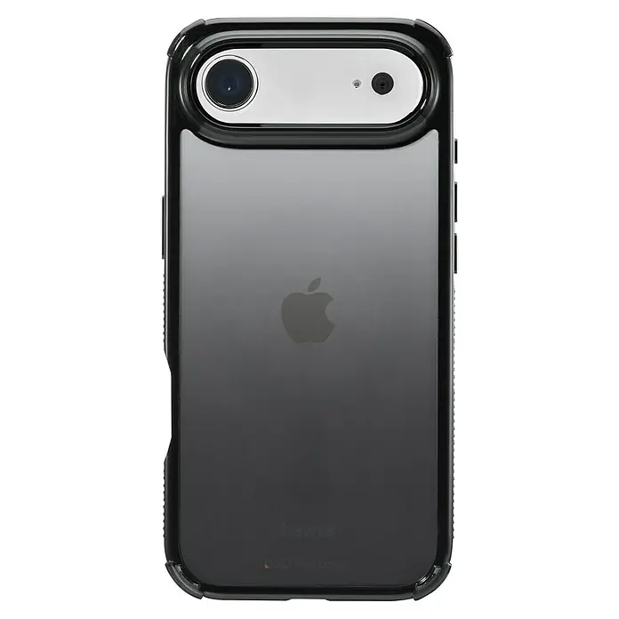 Hama Handyhülle Extreme Protect - iPhone Air, Schwarz - Das Bild zeigt ein iPhone in einer transparenten Schutzhülle mit schwarzem Rahmen, die das Apple-Logo auf der Rückseite sichtbar macht.