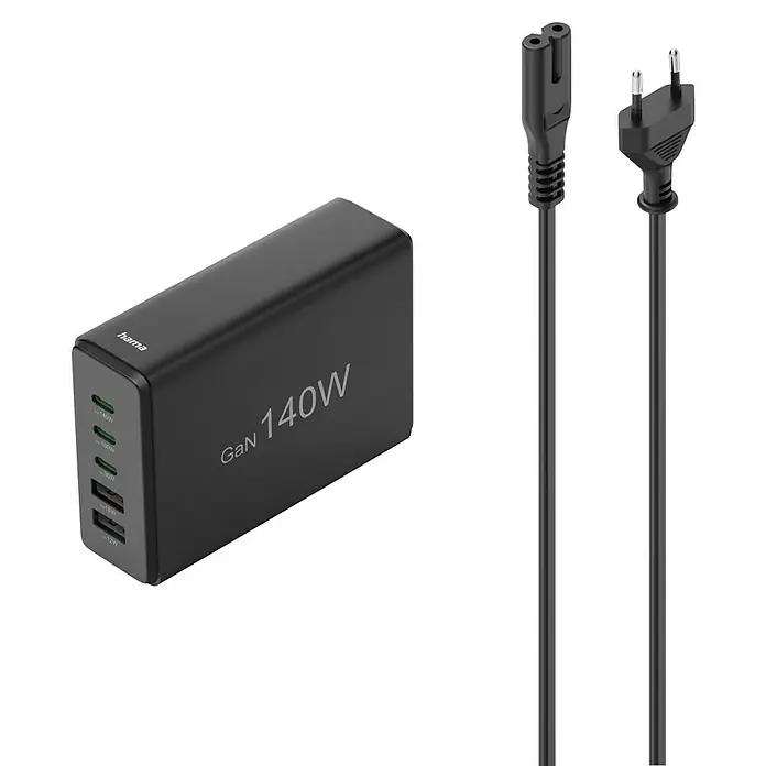 Hama Ladestation 00201978 3 x USB-C, 2 x USB-A, - Schwarz - Das Hama GaN 140W Ladegerät mit mehreren Anschlüssen und zwei Stromkabeln für verschiedene Steckdosentypen.