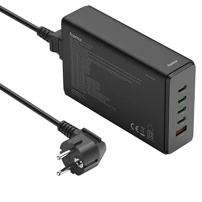 Hama Ladestation 00201977 4 x USB-C, 1 x USB-A - Schwarz - Abbildung eines Hama-Netzadapters mit mehreren USB-Anschlüssen.