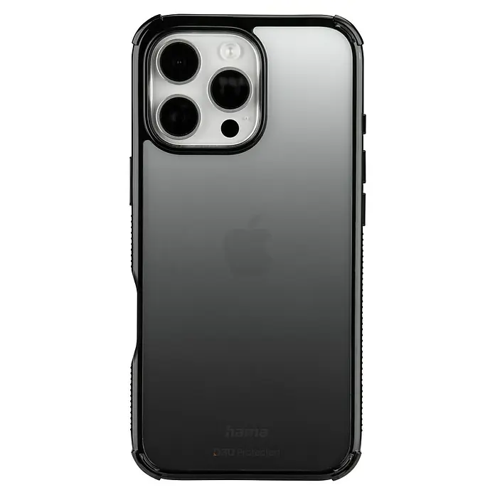 Hama Handyhülle Extreme Protect - iPhone 16 Pro, Schwarz - Das Bild zeigt ein Hama D3O Protected iPhone-Hülle, die das Gerät optimal schützt. Die Hülle ist robust und stoßfest, um Schäden zu verhindern.