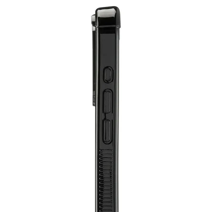 Hama Handyhülle Extreme Protect - iPhone 16E, Schwarz - Seitenansicht einer schwarzen Handyhülle mit Lautstärketasten. Die Hülle ist schlank und schützt das Gerät vor Stößen und Kratzern.