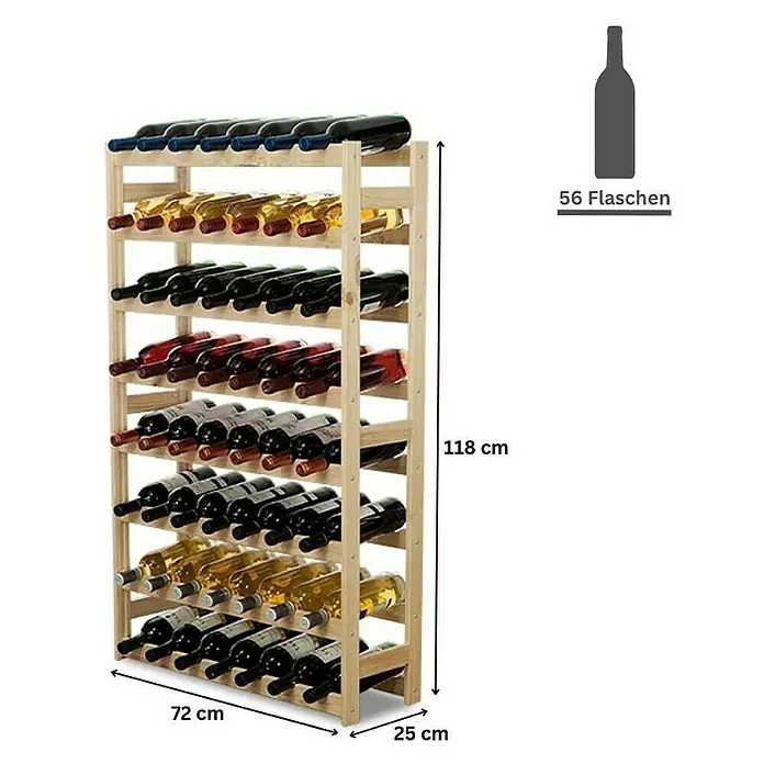Proregal Flaschenregal Weinregal PINOTWINE für 56 Flaschen - L x B x H: 25 x 72 x 118 cm, Holz - Weinregal aus Holz, 118 cm hoch, 72 cm breit und 25 cm tief, bietet Platz für 56 Flaschen.
