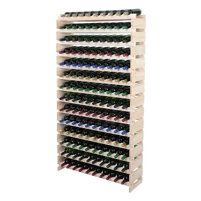 Proregal Flaschenregal Weinregal VINOTECA FLEX PRO für 140 Flaschen - L x B x H: 28 x 103 x 191 cm, Holz, Anzahl Böden: 14 Stk. - Ein hohes Weinregal aus Holz, gefüllt mit zahlreichen Weinflaschen mit verschiedenen Farben auf den Etiketten.