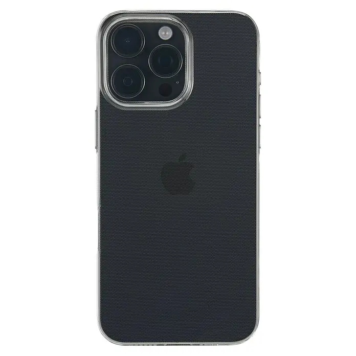 Hama Handyhülle Always Clear - iPhone 16 Pro, Durchsichtig - Eine klare Handyhülle für ein iPhone, die das Apple-Logo zeigt und die Kameras auf der Rückseite hervorhebt.