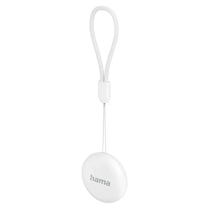 Hama Schlüsselanhänger Bluetooth Tracker - 1 Stk. - Ein weißer, runder Hama-Schlüsselanhänger mit einer Schlaufe, perfekt für Schlüssel oder andere kleine Gegenstände. Das dezente Logo rundet das Design ab.