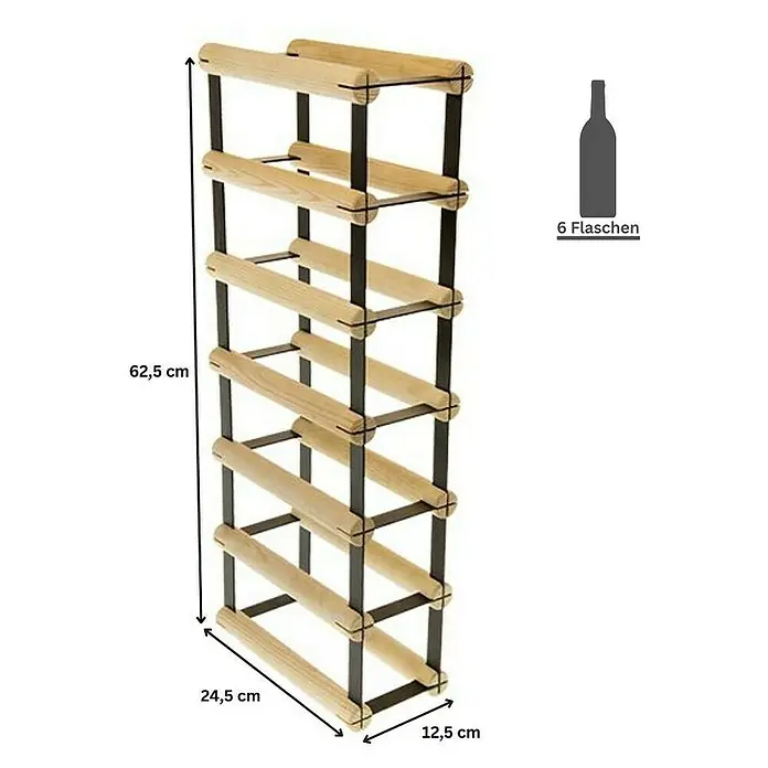 Proregal Flaschenregal Modulares Weinregal VINOTECA MOD METAL für 1x6 Flaschen - L x B x H: 24,5 x 12,5 x 62,5 cm, Holz - Bild eines Weinregals für 6 Flaschen mit den Maßen 62,5 cm Höhe, 24,5 cm Breite und 12,5 cm Tiefe.