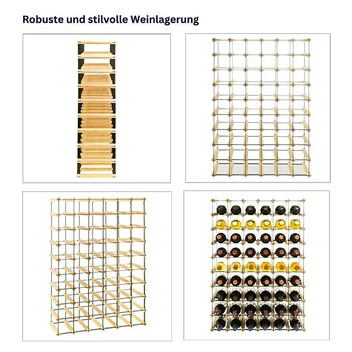Proregal Flaschenregal Modulares Weinregal VINOTECA MOD METAL für 6x9 Flaschen - L x B x H: 24,5 x 62,5 x 92,5 cm, Holz - Robuste und stilvolle Weinlagerung: Das Bild zeigt einen modularen Weinflaschenhalter aus Holz in verschiedenen Ansichten, leer und mit Weinflaschen gefüllt.