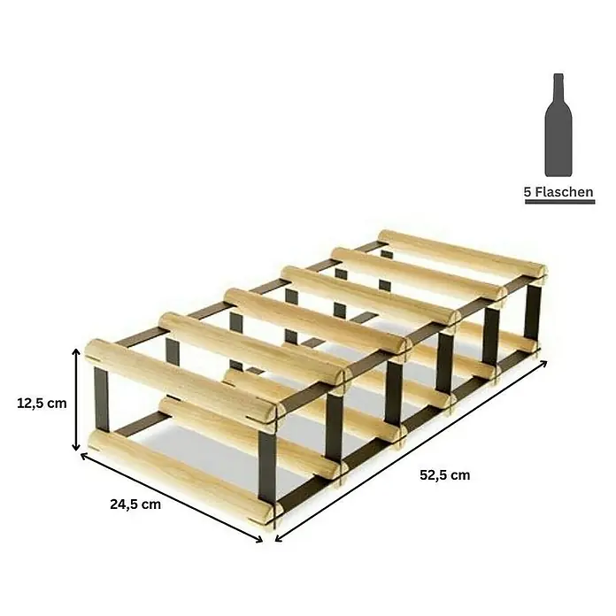 Proregal Flaschenregal Modulares Weinregal VINOTECA MOD METAL für 5x1 Flaschen - L x B x H: 24,5 x 52,5 x 12,5 cm, Holz - Weinregal aus Holz und Metall für 5 Flaschen mit Abmessungen.