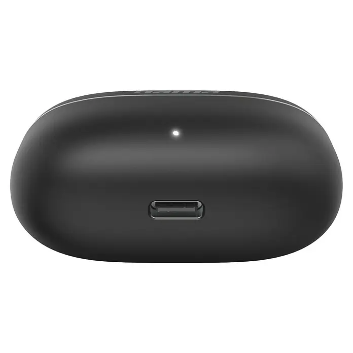 Hama In Ear Kopfhörer Freedom Light II - USB-C-Buchse, Schwarz - Nahaufnahme einer schwarzen Hama Ladehülle mit einem LED-Licht und einem USB-C-Anschluss. Sie ist für die kabellose Aufladung von Ohrhörern konzipiert.