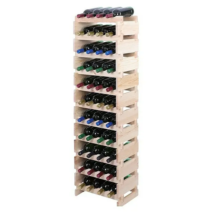 Proregal Flaschenregal Weinregal VINOTECA FLEX PRO für 44 Flaschen - L x B x H: 28 x 46 x 149 cm, Holz, Anzahl Böden: 11 Stk. - Voller Weinflaschen in einem hellen Holzregal für eine stilvolle Weinlagerung. Perfekt für Weinliebhaber.