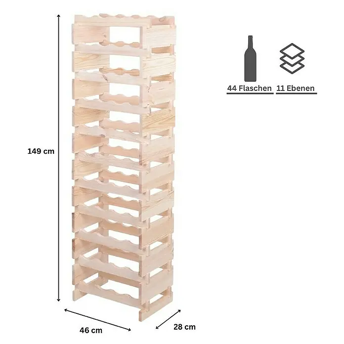 Proregal Flaschenregal Weinregal VINOTECA FLEX PRO für 44 Flaschen - L x B x H: 28 x 46 x 149 cm, Holz, Anzahl Böden: 11 Stk. - Abbildung eines Weinregals aus Holz mit den Maßen 149 cm Höhe, 46 cm Breite und 28 cm Tiefe, das für 44 Flaschen auf 11 Ebenen geeignet ist.