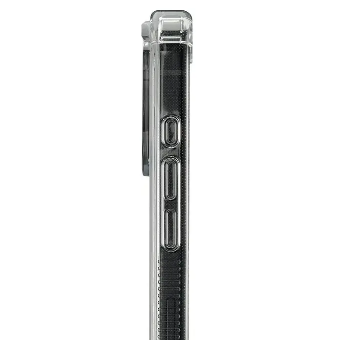 Hama Handyhülle Extreme Protect - iPhone 16 Pro, Durchsichtig - Nahaufnahme einer transparenten Handyhülle, die die seitlichen Lautstärketasten und das robuste Design betont.