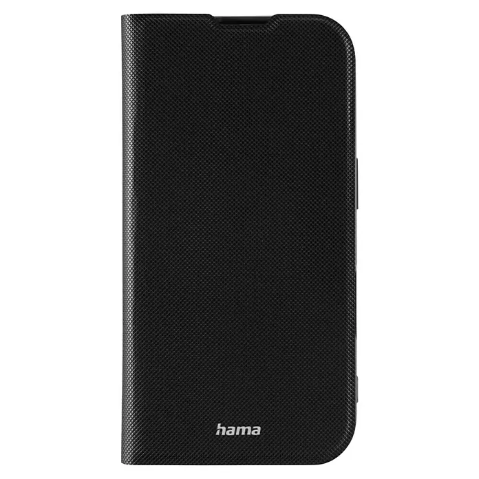 Hama Handyhülle klappbar - iPhone 16, Schwarz - Schwarze Hama Handyhülle mit einer feinen Struktur und dem Hama-Logo unten rechts. Sie bietet Schutz und Stil für Ihr Smartphone.
