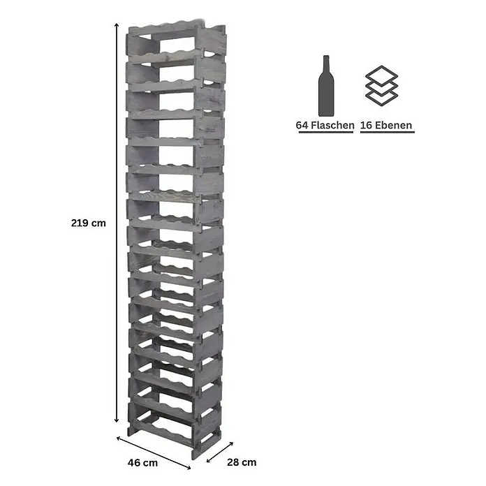 Proregal Flaschenregal Weinregal VINOTECA FLEX PRO für 64 Flaschen - L x B x H: 28 x 46 x 219 cm, Holz, Anzahl Böden: 16 Stk. - Weinflaschenregal aus Holz für 64 Flaschen mit 16 Ebenen. Das Regal ist 219 cm hoch, 46 cm breit und 28 cm tief.