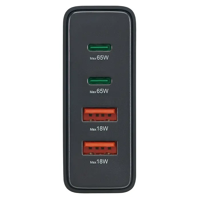 Hama Ladestation 00201979 2 x USB-C, 2 x USB-A - Schwarz - Nahaufnahme eines Mehrfach-USB-Ladegeräts mit zwei USB-C- und zwei USB-A-Anschlüssen zur Stromversorgung verschiedener Geräte.