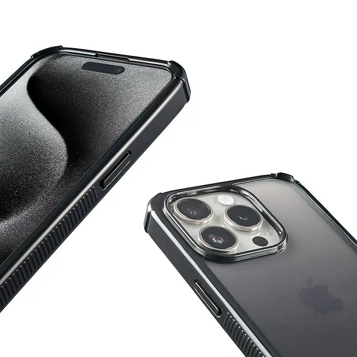 Hama Handyhülle Extreme Protect - iPhone 16E, Schwarz - Nahaufnahme von zwei Smartphones in schwarzen Hüllen, die die Kameras und Bildschirme betonen. Elegantes Design für optimalen Schutz.