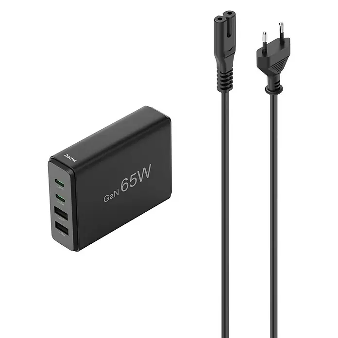 Hama Ladestation 00201979 2 x USB-C, 2 x USB-A - Schwarz - Das Hama GaN 65W Ladegerät mit Stecker für schnelles und effizientes Aufladen von Geräten. Praktisch für Reisen und Zuhause.