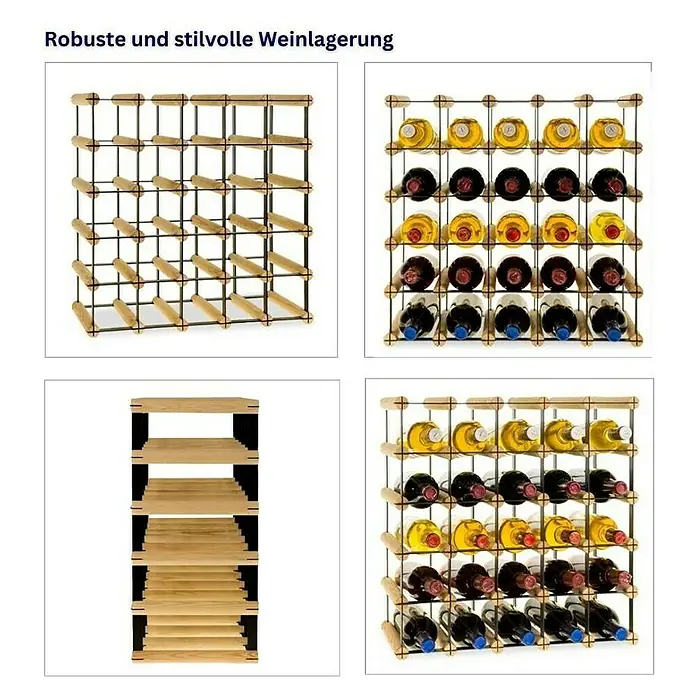 Proregal Flaschenregal Modulares Weinregal VINOTECA MOD METAL für 5x5 Flaschen - L x B x H: 24,5 x 52,5 x 52,5 cm, Holz - Robuste und stilvolle Weinlagerung: Verschiedene Ansichten eines Weinregals aus Holz und Metall, sowohl leer als auch mit Weinflaschen gefüllt.