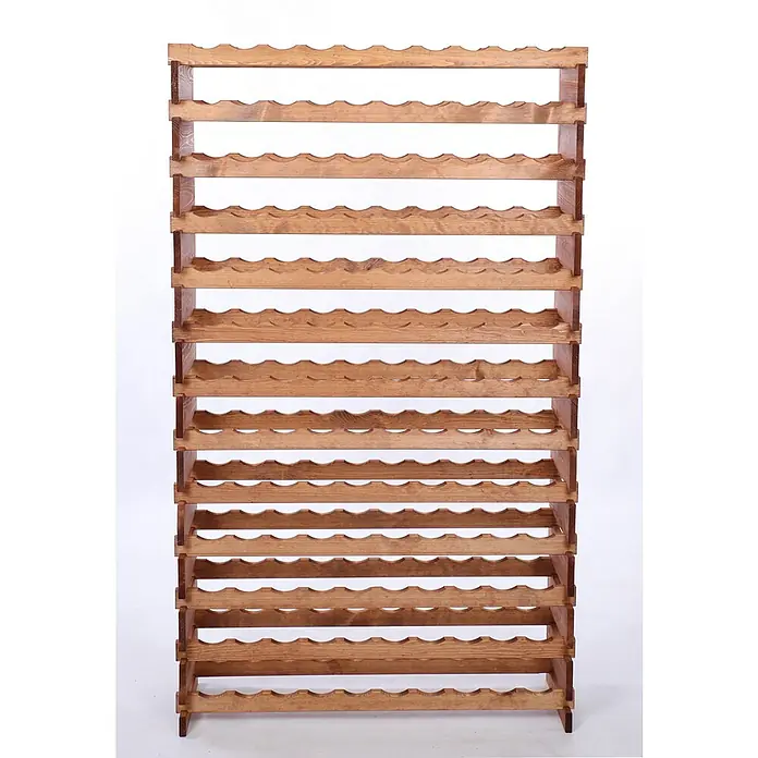 Proregal Flaschenregal Weinregal VINOTECA FLEX PRO für 130 Flaschen - Holz - Eine Aufnahme von einem großen, hölzernen Weinregal mit vielen Fächern für die Lagerung von Weinflaschen.