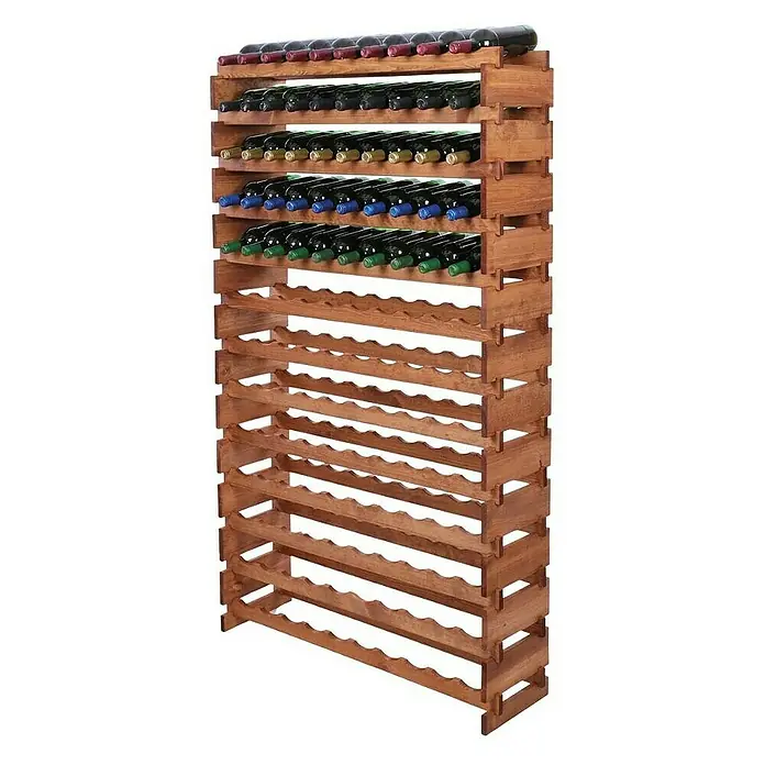Proregal Flaschenregal Weinregal VINOTECA FLEX PRO für 130 Flaschen - Holz - Ein großes, mehrstöckiges Weinregal aus Holz, das mit zahlreichen Flaschen gefüllt ist, die dekorativ präsentiert werden.