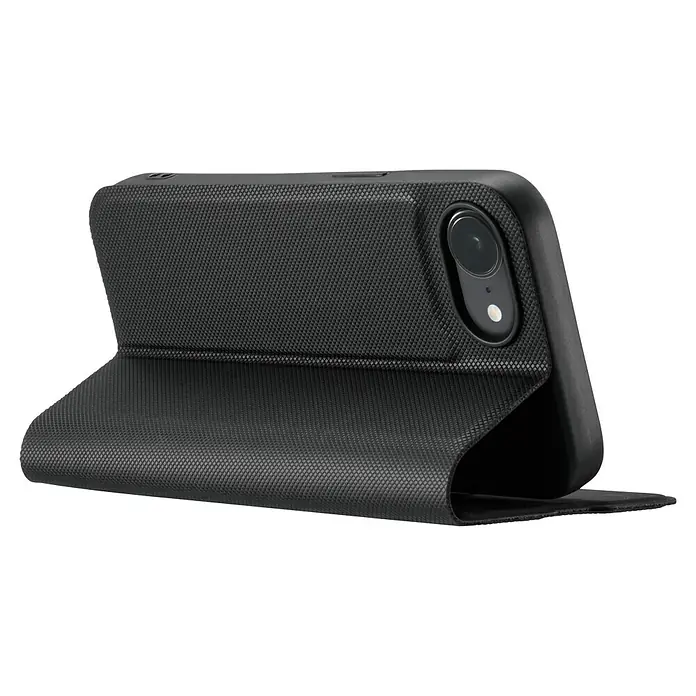Hama Handyhülle klappbar - iPhone 16 E, Schwarz - Schwarze Handyhülle mit Textur und Klappdeckel, die das Objektiv freilässt. Schutz und Stil vereint.