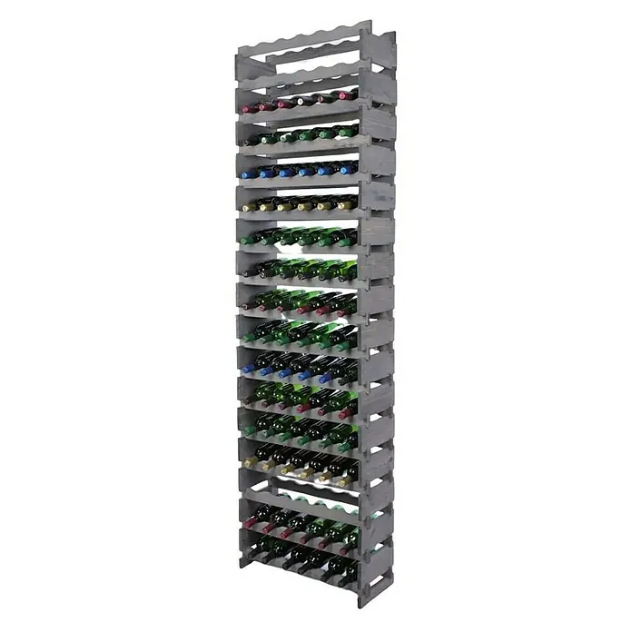 Proregal Flaschenregal Weinregal VINOTECA FLEX PRO für 102 Flaschen - L x B x H: 28 x 65 x 233 cm, Holz, Anzahl Böden: 17 Stk. - Ein hochformatiges Weinregal aus Holz mit zahlreichen Weinflaschen in verschiedenen Farben.