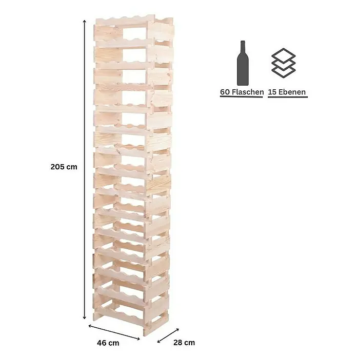 Proregal Flaschenregal Weinregal VINOTECA FLEX PRO für 60 Flaschen - L x B x H: 28 x 46 x 205 cm, Holz, Anzahl Böden: 15 Stk. - Bild eines hohen, hölzernen Weinregals mit Maßen, das Platz für 60 Flaschen auf 15 Ebenen bietet.