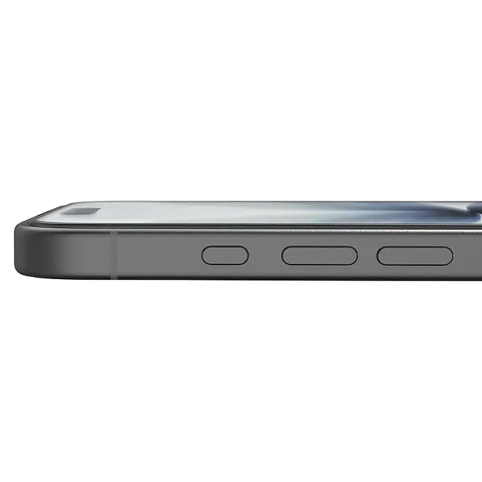Hama Handy-Schutzglas Extreme Protect - iPhone 17 - Detailaufnahme der Lautstärkeregler und des Stummschalters eines modernen Smartphones mit schlankem Design.