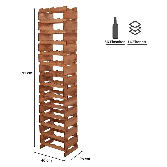 Proregal Flaschenregal Weinregal VINOTECA FLEX PRO für 56 Flaschen - L x B x H: 28 x 46 x 191 cm, Holz, Anzahl Böden: 14 Stk. - Produktabbildung eines Holzweinregals mit 14 Ebenen, das bis zu 56 Flaschen aufnehmen kann und eine Höhe von 191 cm hat.