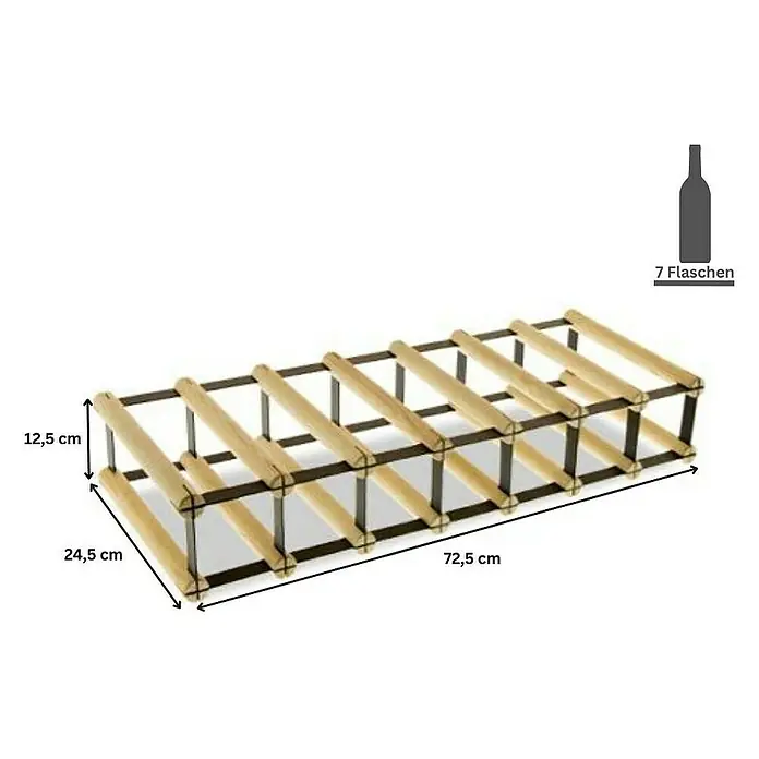 Proregal Flaschenregal Modulares Weinregal VINOTECA MOD METAL für 7x1 Flaschen - L x B x H: 24,5 x 72,5 x 12,5 cm, Holz - Das Bild zeigt ein Weinregal für 7 Flaschen, mit den Maßen 72,5 cm Länge, 24,5 cm Tiefe und 12,5 cm Höhe. Das Regal ist aus Holz und Metall gefertigt.