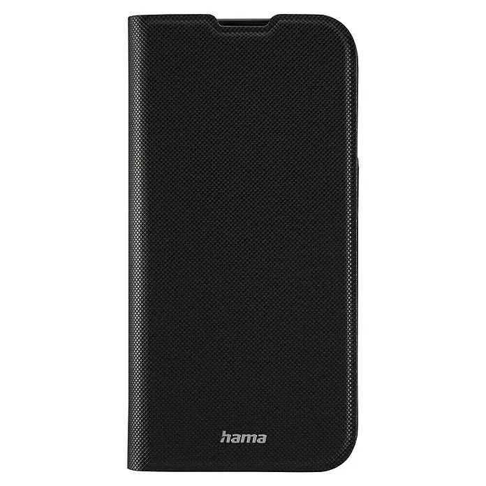 Hama Handyhülle klappbar - iPhone 16 Pro Max, Schwarz - Schwarze Hama-Handyhülle mit einer feinen, texturierten Oberfläche und dem Hama-Logo auf der unteren Vorderseite für optimalen Schutz.